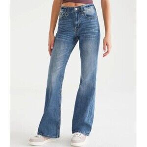 Aeropostale High Rise Flare Jeans Size 0 Faded Blue Wash Stretch Denim